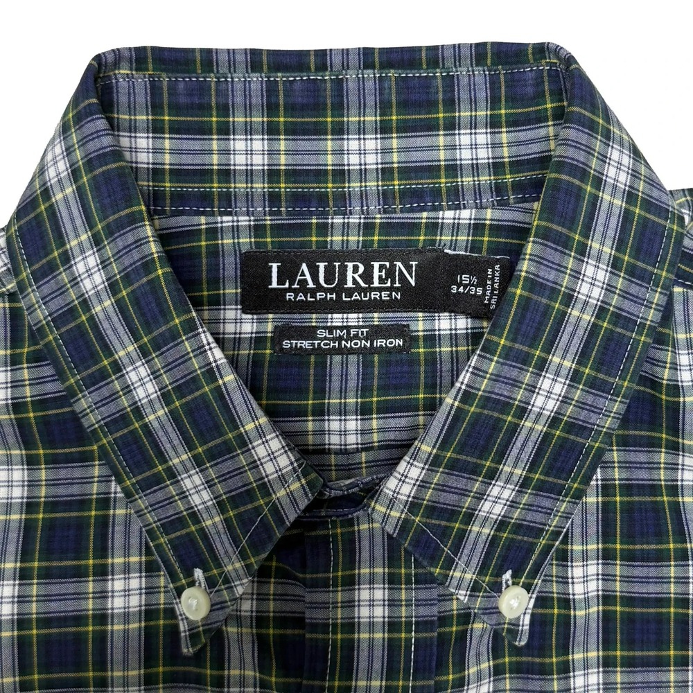 Ralph Lauren Dress Shirt Slim Fit Plaid Navy Green Non Iron Mens Size 15.5 34/35
